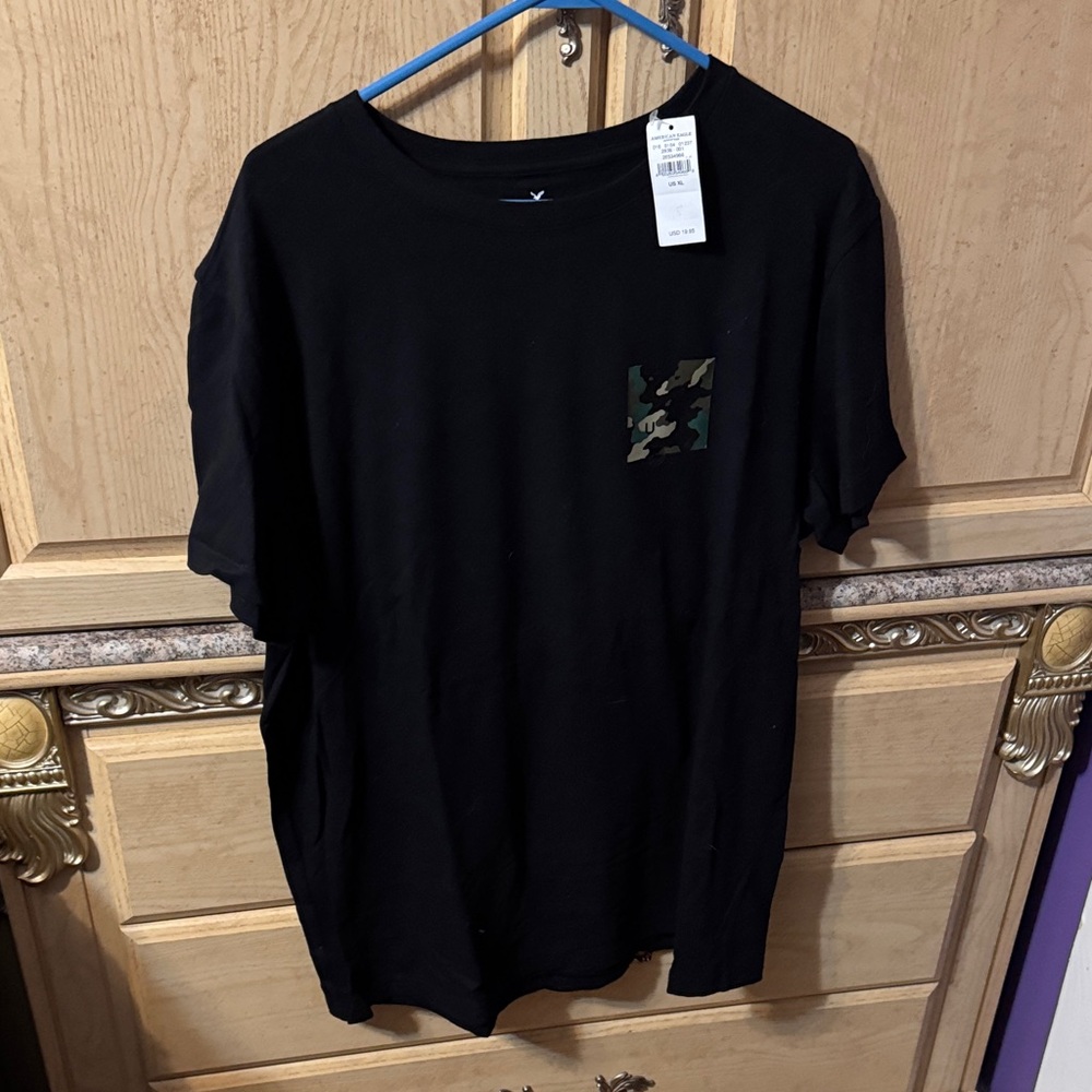 American Eagle Outfitters Black Tee with Camo Pocket and Back Design